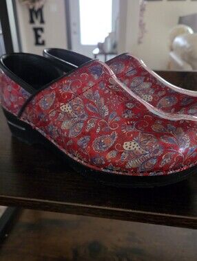 Sanita Red Paisley Print Leather Clogs
